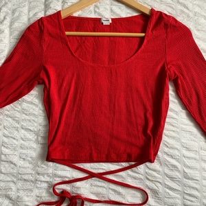 Red Long Sleeved Crop Top - Tie Back (Trendy)